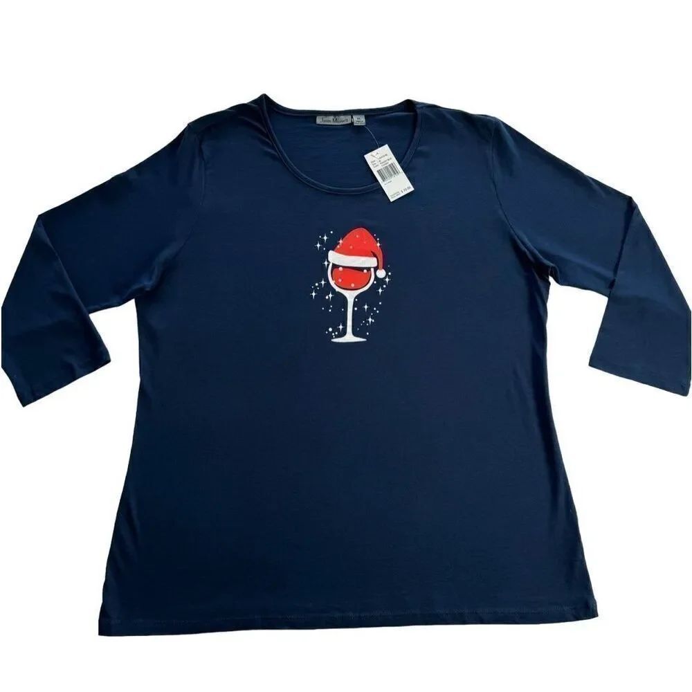 JASON MAXWELL WOMEN’S XLARGE SANTA’S HAT ON WINE GLASS LONG SLEEVE TEE